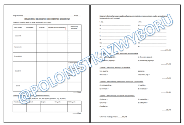 Sprawdzian z odmiennych i nieodmiennych części mowy klasa 6-7 SP + odpowiedzi