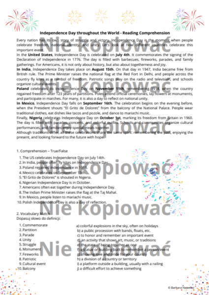Independence Day throughout the World - czytanka B1/B2