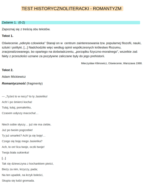 Test historycznoliteracki- Romantyzm