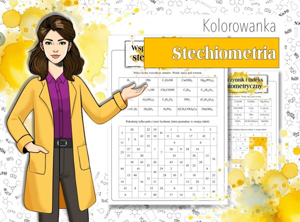 Klasa 7. Chemia. Współczynnik i indeks stechiometryczny. Wprowadzenie do wzorów sumarycznych. Chemiczna kolorowanka. Karta pracy. Zadanie.