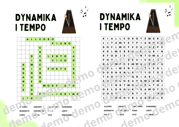 Muzyka, klasa 4-5. Dynamika i tempo. Karta pracy: wykreślanka.
