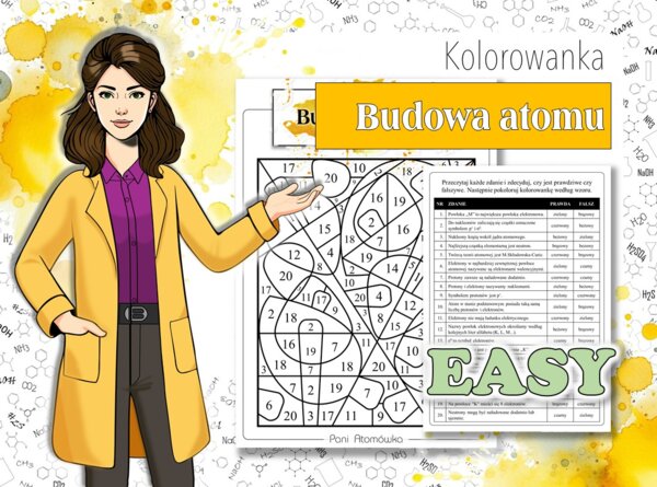 Klasa 7. Chemia. Budowa atomu. Chemiczna kolorowanka. Wersja EASY. Jesienna karta pracy. Zadanie. Jesień. Pierwszy dzień jesieni.