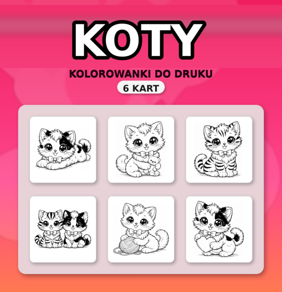Dzień Kota, słodkie kotki kawaii do kolorowania – 6 kart A4 (PDF)