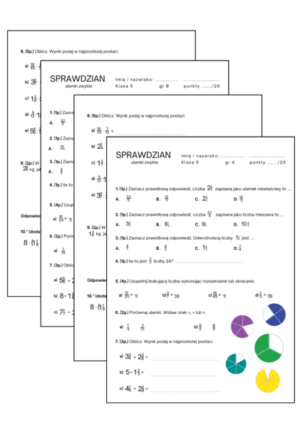 Sprawdzian/karta pracy ułamki zwykłe. Klasa 5