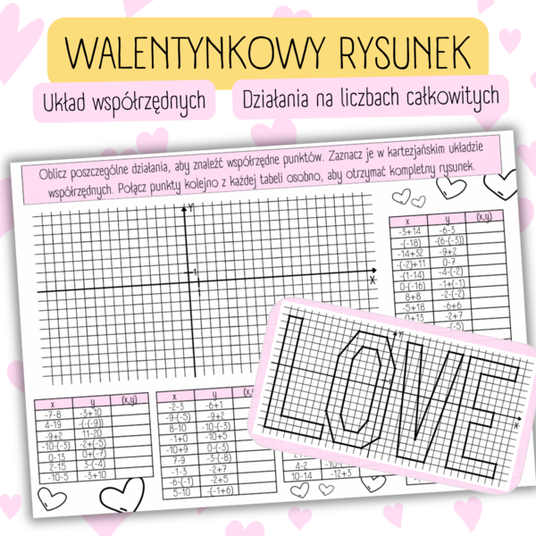 WALENTYNKOWY RYSUNEK - układ współrzędnych/ działania na liczbach całkowitych - Walentynki