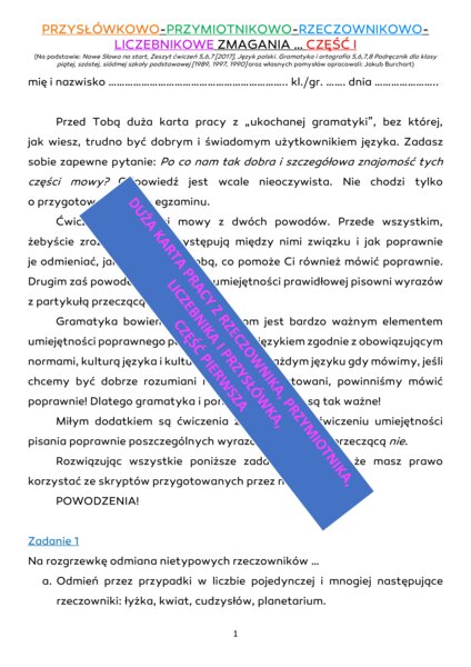 RZECZOWNIK, PRZYMIOTNIK, LICZEBNIK I PRZYSŁÓWEK - PIERWSZA CZĘŚĆ DUŻEJ KARTY PRCY