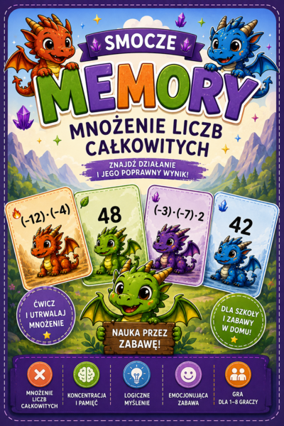 Smocze Memory – mnożenie liczb całkowitych | gra matematyczna 🐉