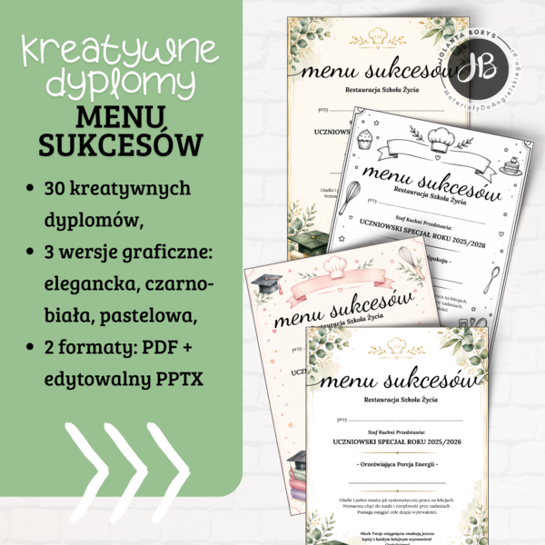 Menu Sukcesów – Kreatywne Dyplomy na Zakończenie Roku 2025/2026 | Nowa Edycja + wersja edytowalna