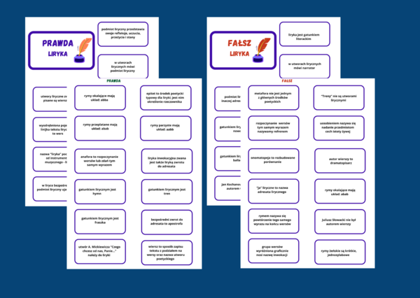 LIRYKA - prawda/fałsz - 46 fiszek- rodzaje literackie - powtórka