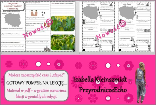 Pomysł na lekcję/karta pracy/stacje zadaniowe/notatki/ materiał do lekcji do tematu „Krajobraz rolniczy Wyżyny Lubelskiej” w pdf. W gratisie niekomercyjny scenariusz lekcji/pomysł na lekcję w programie genial.ly do edycji. Geografia 5. Dział „Krajobrazy 