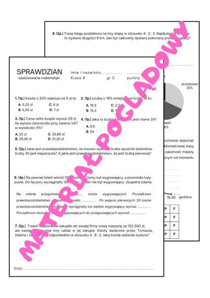 Sprawdzian/karta pracy - zastosowania matematyki. Klasa 8 (procenty, prawdopodobieństwo, podział proporcjonalny, diagramy i wykresy)