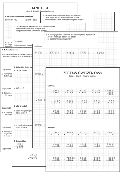 Zestaw powtórzeniowy - dział III działania pisemne. Klasa 4. GWO