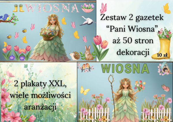 Zestaw Gazetek Pani Wiosna| Zawiera 2 plakaty XXL- 4 x A4| Napis wiosna w 2 wersjach graficznych| Łącznie aż 50 stron wiosennych dekoracji