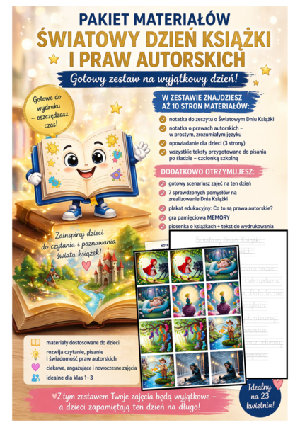 📚 ŚWIATOWY DZIEŃ KSIĄŻKI I PRAW AUTORSKICH Gotowy zestaw materiałów dla nauczyciela edukacji wczesnoszkolnej