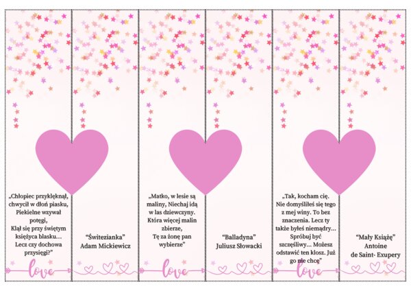 Walentynki- zakładki do książki z cytatami z lektur z klas VII- VIII