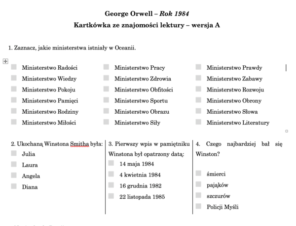 Rok 1984 - kartkówka ze znajomości lektury