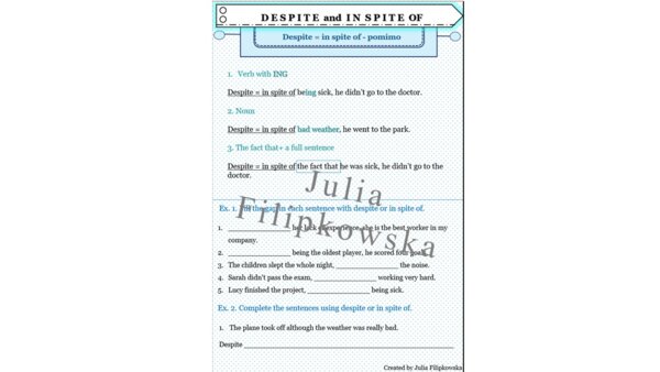 Karta pracy/ Zadania/ Despite/ In spite of/ Grammar/ Gramatyka/ English Grammar/ Ćwiczenia/ Zestaw zadań/ SP/ SP 7-8/ SP 8/ Liceum/ Matura/ Gotowa lekcja