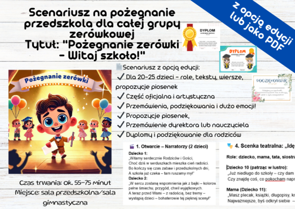 Scenariusz na pożegnanie przedszkola dla całej grupy zerówkowej Tytuł: "Pożegnanie zerówki – Witaj szkoło!"