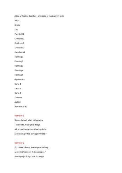 Scenariusz przedstawienia dla przedszkola Alicja w Krainie Czarów