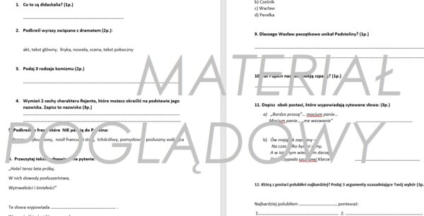 "Zemsta" - karta kontrolna/sprawdzian wiadomości