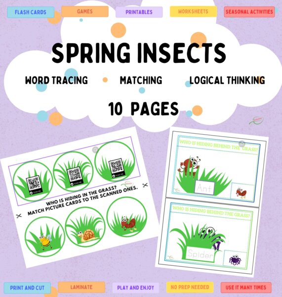 Spring insects: j. angielski/ zajęcia rewalidacyjne. Gra memory, kody QR, dobieranie, pisanie pośldzie dobre dla SPE