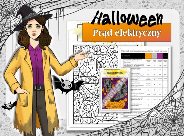 Klasa 8. Fizyka. Kolorowanka naukowa na temat prądu elektrycznego w klimacie Halloween.