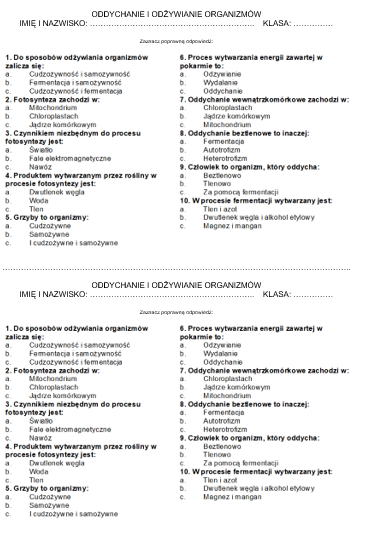 Oddychanie i odżywianie organizmów - test, kartkówka