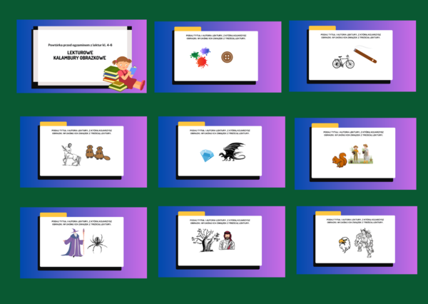 LEKTUROWE KALAMBURY OBRAZKOWE – prezentacja – 44 slajdy – lektury kl. 4-6 – powtórzenie