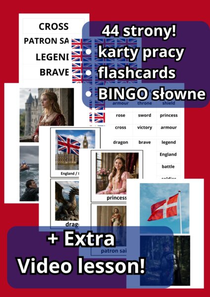 St. George's Day – Zestaw lekcyjny | Klasy 4–6 | Karta pracy + Flashcards + Bingo słowne