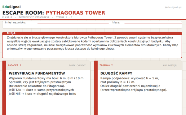 Escape Room: Pythagoras Tower | twierdzenie Pitagorasa klasa 8 | karta pracy + klucz + fiszki narracyjne