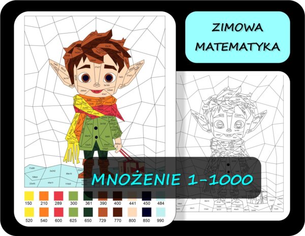 Kolorowanka matematyczna, mnożenie 1-1000, tabliczka mnożenia, świąteczna matematyka, mnożenie liczb dwucyfrowych 5 ELF