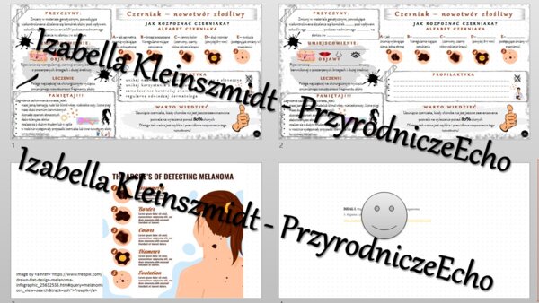 Minizestaw na temat „Czerniak - złośliwy nowotwór skóry” – sketchnotka + karta pracy w power point + gratisowy link do prezentacji multimedialnej niekomercyjnej wykonanej w genial.ly do indywidualnego pobrania i użycia do celów niekomercyjnych. Biologia 
