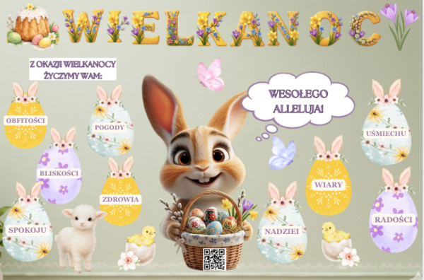 Interaktywna Gazetka Wielkanocna| Zawiera  kod QR do filmiku z zagadkami i ciekawostkami na temat Wielkanocy| Karta pracy+ kolorowanka+ odpowiedzi| Plakat 4 x A 4