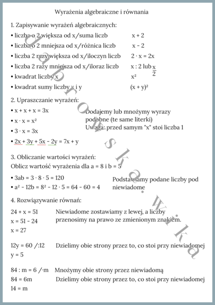Wstęp do wyrażeń algebraicznych i równań - notatka