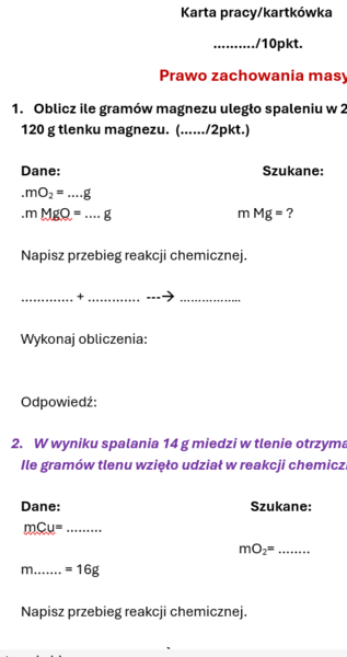 Karta pracy/kartkówka Prawo zachowania masy