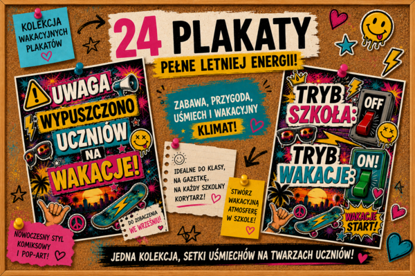 Plakaty o tematyce wakacyjnej.