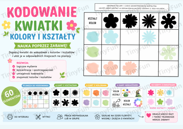 Kodowanie dla dzieci – kwiatki kolory i kształty | zabawa edukacyjna | materiał do druku