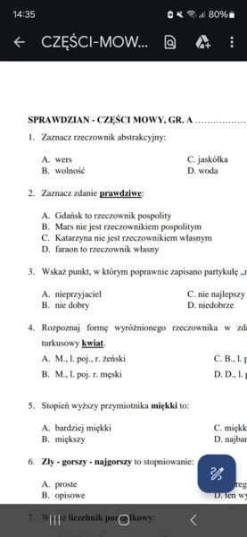 Sprawdzian powtórkowy CZĘŚCI MOWY, kl. 5-8