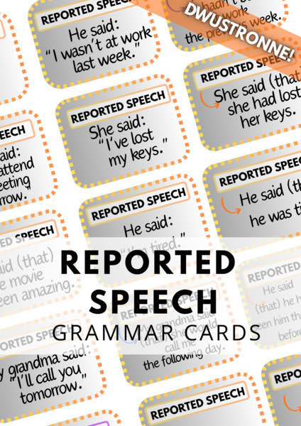 Reported Speech - Mowa zależna - Mix Czasów - 64 DWUSTRONNE Grammar Cards  - zestaw - karty - fiszki - gramatyka - angielski - matura - B1 + / B2
