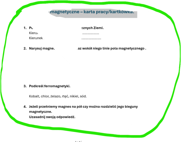 Pole magnetyczne - karta pracy/ kartkówka