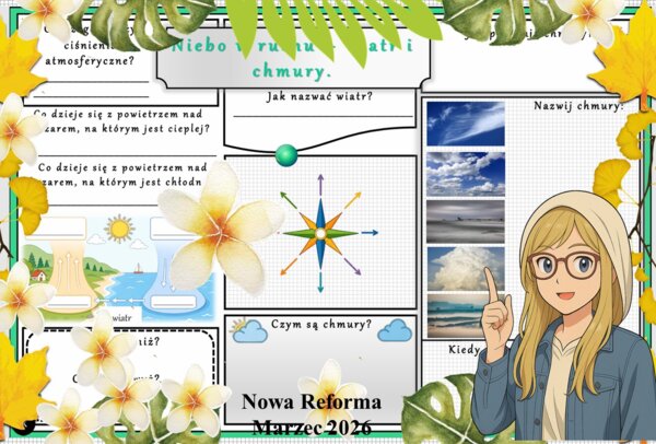 Karta pracy z przyrody do klasy 4 "Niebo w ruchu - wiatr i chmury". Przygotowana na podstawie podręcznika „Odkrywam przyrodę” wydawnictwa Nowa Era. Dział "Obserwuję pogodę".