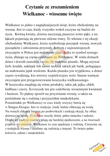 Czytanie ze zrozumieniem. Wielkanoc-wiosenne święto, Wielkanocne tradycje i zabawy. 2 dłuższe teksty +6 pytań do każdego tekstu
