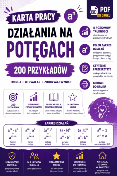 Karta pracy – działania na potęgach | 200 przykładów | 8 poziomów trudności | PDF