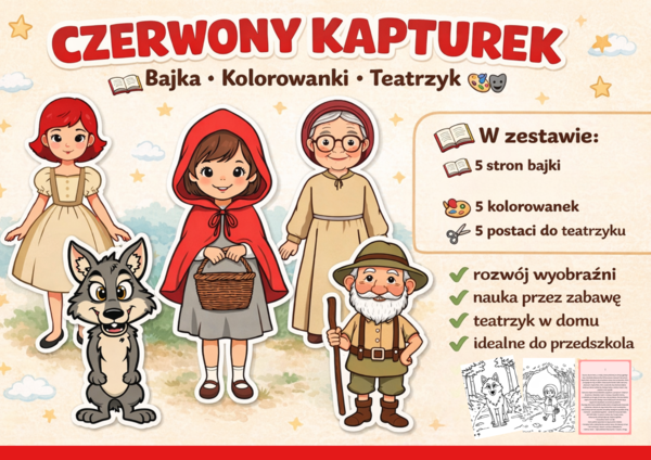 Czerwony Kapturek – bajka, kolorowanki i teatrzyk dla dzieci 🎭📖