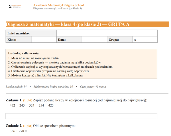 Diagnoza z matematyki na początek klasy 4 (po klasie 3)