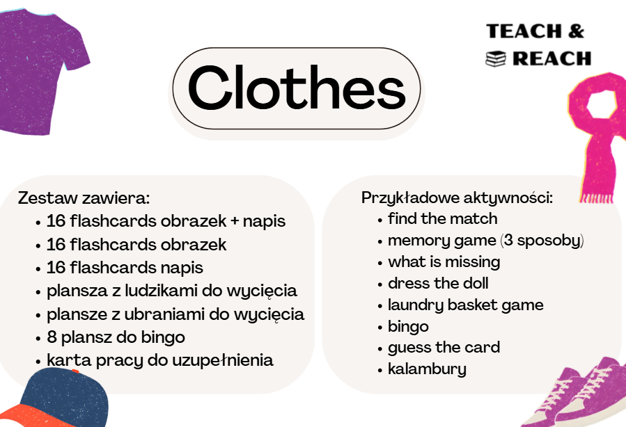 Clothes flashcards, przedszkole, klasy 1-3