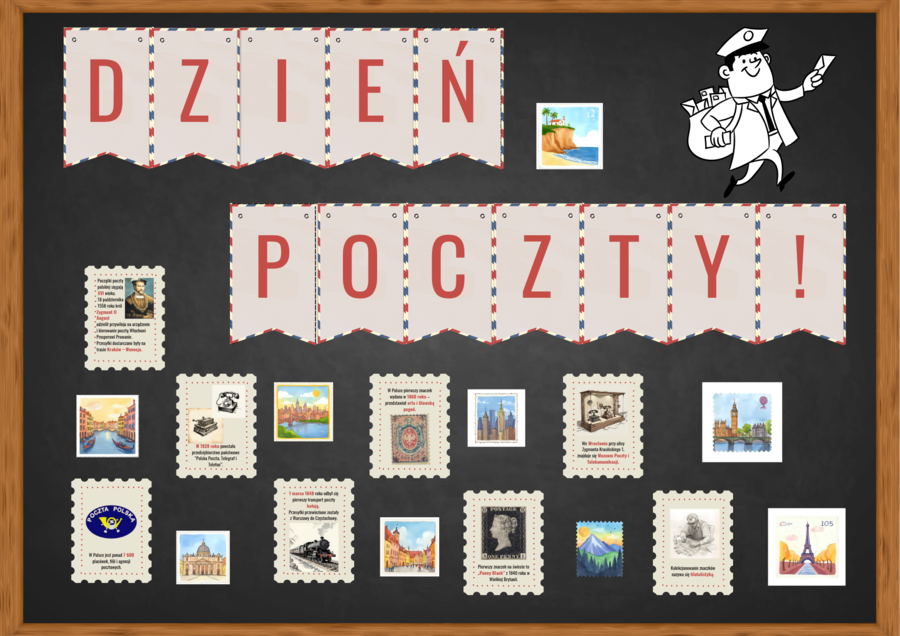 Gazetka: Dzień poczty, Dzień znaczka pocztowego, girlanda, ciekawostki, materiały gotowe do druku.