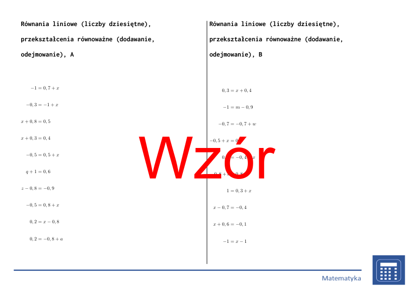 Równania liniowe (liczby dziesiętne), przekształcenia równoważne (dodawanie, odejmowanie) | matematyka, algebra | 26 kolumn