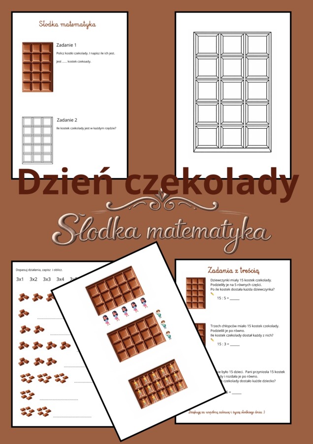 Dzień Czekolady Słodka matematyka klasa 2  - 5 kart pracy : mnożenie, dzielenie, zadania z treścią, kolorowanka, piosenka