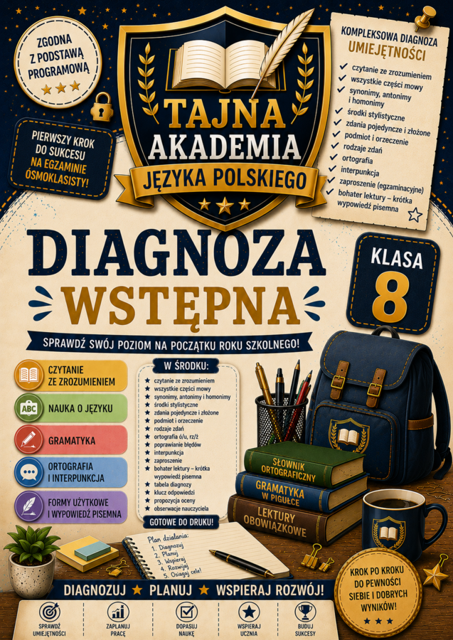 Diagnoza wstępna – język polski klasa 8 | test kompetencji + odpowiedzi + tabela diagnozy